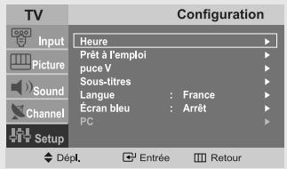 TV Input Picture Sound Channel Setup Configuration Heure Prêt à l'emploi puce V Sous-titres Langue : France Écran bleu : Arrêt PC Dépl. Entrée Retour
