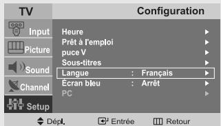 TV Input Picture Sound Channel Setup Configuration Heure Prêt à l'emploi puce V Sous-titres Langue : Français Ecran bleu : Arrêt PC Dépl. Entrée Retour