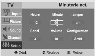 TV Input Picture Sound Channel Setup Minuterie act. Heure 12 Canal 3 00 Volume 10 Am/µm am Configuration Arrêt Dépl Réglage Retour