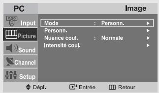 PC Input Picture Sound Channel Setup Mode : Personn. Personn. Nuance coul. : Normale Intensité coul. Image Dépl. Entrée Retour