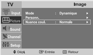 TV Input Picture Sound Channel Setup Image Mode : Dynamique Personn. Nuance coul. : Normale Dépl Entrée Retour