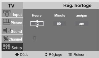 TV Input Picture Sound Channel Setup Rég. horloge Heure Minute am/pm 12 00 am Dépl. Réglage Retour