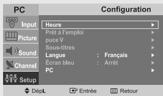 PC Input Picture Sound Channel Setup Configuration Heure Prêt à l'emploi puce V Sous-itres Langue : Français Écran bleu : Arrêt PC Dépl. Entrée Retour