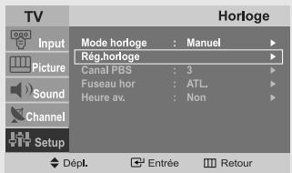 TV Input Picture Sound Channel Setup Horloge Mode horloge : Manuel Rég.horloge Canal PBS : 3 Fuseau hor : ATL. Heure av. : Non Dépl. Entrée Retour