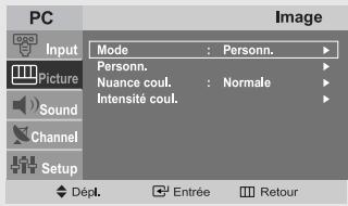 PC Input Picture Sound Channel Setup Mode : Personn. Personn. Nuance coul. : Normale Intensité coul. Image Dépl. Entrée Retour