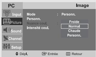 PC Input Picture Sound Channel Setup Mode: Personn. Nuance coul. Intensité coul. Froide Normal Chaude Personn. Image Dépl. Entrée Retour