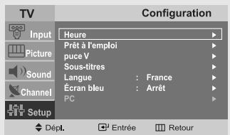TV Input Picture Sound Channel Setup Configuration Heure Prêt à l'emploi puce V Sous-titres Langue : France Écran bleu : Arrêt PC Dépl. Entrée Retour