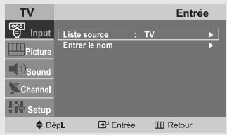 TV Input Picture Sound Channel Setup Entrée Liste source : TV Entrer le nom Dépl. Entrée Retour