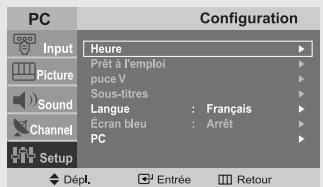 PC Input Picture Sound Channel Setup Configuration Heure Prêt à l'emploi puce V Sous-titres Langue : Français Écran Bleu : Arrêt PC Dépl. Entrée Retour