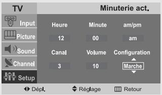 TV Input Picture Sound Channel Setup Heure 12 Canal 3 Minute 00 Volume 10 Am/pm am Configuration Marche Dépl. Réglage Retour