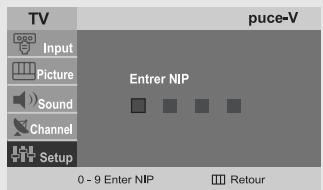 TV Input Picture Sound Channel Setup 0 - 9 Enter NIP puce-V Entrer NIP 0 - 9 Enter NIP Retour