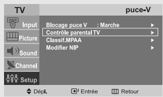 pvc-V Blocage puce V : Marche Contrôle parental TV Classif.MPAA Modifier NIP Setup Dépl. Entrée Retour