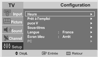 TV Input Picture Sound Channel Setup Configuration Heure Prêt à l'emploi puce V Sous-titres Langue : France Écran bleu : Arrêt PC Dépl. Entrée Retour