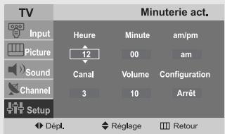 TV Input Picture Sound Channel Setup Minuterie act. Heure Minute am/pm 12 00 am Canal Volume Configuration 3 10 Arrêt Dépl. Réglage Retour