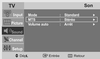 TV Input Picture Sound Channel Setup Son Mode : Standard MTS : Stéréo Volume auto : Arrêt Départ. Entrée Retour
