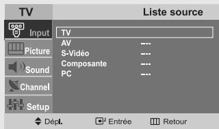 TV Input Picture Sound Channel Setup Liste source TV AV S-Vidéo Composante PC Dépl. Entrée Retour