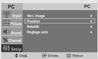 PC Input Picture Sound Channel Setup Verr, image Position Rétablir Réglage auto PC Dépl. Entrée Retour
