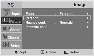 PC Input Picture Sound Channel Setup Mode : Personn. Personn. Nuance coul. : Normale Intensité coul. Image Départ. Entrée Retour