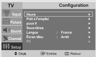 TV Input Picture Sound Channel Setup Configuration Heure Prété à l'emploi puce V Sous-titres Langue : France Écran bleu : Arrêt PC Dépl. Entrée Retour