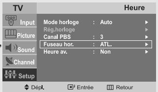 TV Input Picture Sound Channel Setup Mode horloge : Auto Rég.horloge Canal PBS : 3 Fuseau hor. : ATL. Heure av. : Non Dépl. Entrée Retour