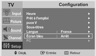TV Input Picture Sound Channel Setup Configuration Heure Prêt à l'emploi puce V Sous-titres Langue : France Écran bleu : Arrêt PC Dépl. Entrée Retour