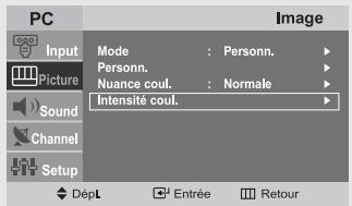 PC Input Picture Sound Channel Setup Mode : Personn. Personn. Nuance coul. : Normale Intensité coul. Image Dépl Entrée Retour