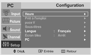 PC Input Picture Sound Channel Setup Configuration Heure Prêt à l'emploi puce V Sous-titres Langue : Français Écran bleu : Arrêt PC Dépl. Entrée Retour