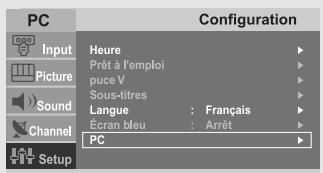 PC Input Picture Sound Channel Setup Configuration Heure Prêt à l'emploi puce V Sous-titres Langue : Français Écran bleu : Arrêt PC
