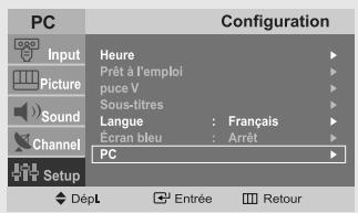 PC Input Picture Sound Channel Setup Configuration Heure Prêt à l'emploi puce V Sous-titres Langue : Français Écran bleu : Arrêt PC DépL Entrée Retour