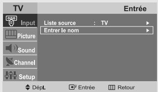 TV Input Picture Sound Channel Setup Liste source : TV Entrer le nom Dépl. Entrée Retour