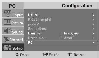 PC Input Picture Sound Channel Setup Configuration Heure Prêt à l'emploi puce V Sous-titres Langue : Français Écran bleu : Arrêt PC Dépl. Entrée Retour