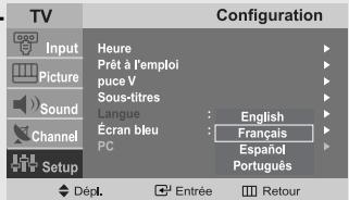 TV Configuration Input Picture Sound Channel Setup Heure Prêt à l'emploi puce V Sous-titres Langue Écran bleu PC English Français Español Português Dépl. Entrée Retour