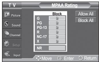 SAMSUNG PN42A450 - How to Set up Restrictions Using "MPAA Ratings" (G, PG, PG-13, R, NC-17, X, NR) - 4