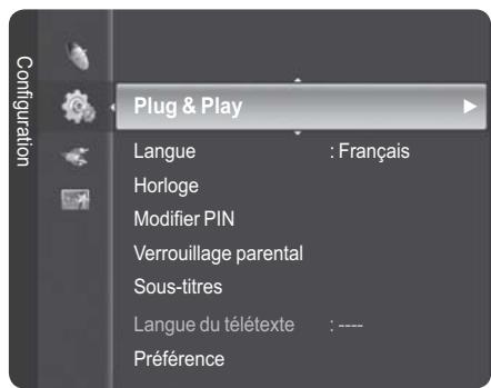 Configuration Plug & Play Langue : Français Horloge Modifier PIN Verrouillage parental Sous-titres Langue du télétexte : ---- Préférence