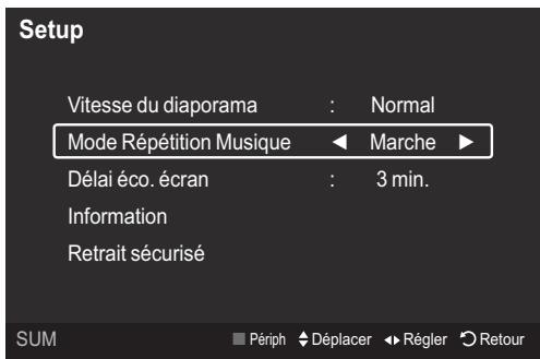 Setup Vitesse du diaporama : Normal Mode Répétition Musique ← Marche ► Délai éco. écran : 3 min. Information Retrait sécurisé SUM Périph Déplacer Régler Retour