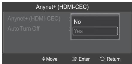 Anynet+ (HDMI-CEC) Anynet+ (HDMI-CEC) : No Auto Turn Off : Yes Move Enter Return