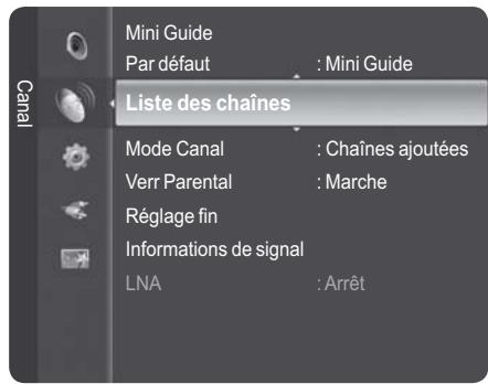 Mini Guide Par défaut : Mini Guide Liste des chaînes Mode Canal : Chaînes ajoutées Verr Parental : Marche Réglage fin Informations de signal LNA : Arrêt