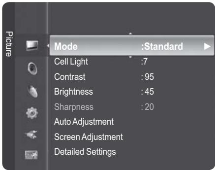 Mode :Standard Cell Light :7 Contrast : 95 Brightness : 45 Sharpness : 20 Auto Adjustment Screen Adjustment Detailed Settings
