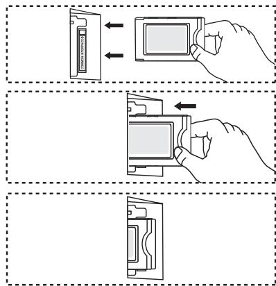 Diagram showing three-step steps of inserting a device into a case, with arrows indicating direction of movement.