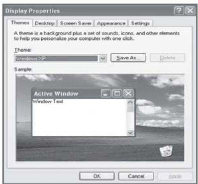 Display Properties Themes Desktop Screen Saver Appearance Settings A theme is a background plus a set of sounds, icons, and other elements to help you personalize your computer with one click. Theme: Windows XP Save As Delete Sample: Active Window Window Text OK Cancel Apply