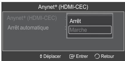 Anynet+ (HDMI-CEC) Anynet+ (HDMI-CEC) : Arrêt Arrêt automatique : Marche Déplacer Entrer Retour