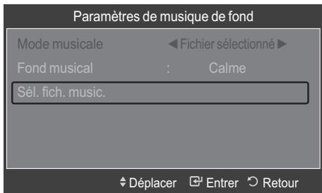 Paramètres de musique de fond Mode musicale Fichier sélectionné Fond musical : Calme Sél. fich. music. Déplacer Entrer Retour