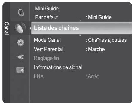 Mini Guide Par défaut : Mini Guide Liste des chaînes Mode Canal : Chaînes ajoutées Verr Parental : Marche Réglage fin Informations de signal LNA : Arrêt