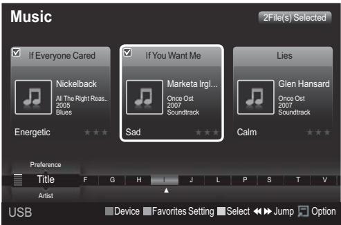 Music 2File(s) Selected If Everyone Cared Nickelback All The Right Reas.. 2005 Blues If You Want Me Marketa Irgl... Once Ost 2007 Soundtrack Said Lies Glen Hansard Once Ost 2007 Soundtrack Calm Preference Title F G H J L P S T V Artist Device Favorites Setting Select Jump Option USB