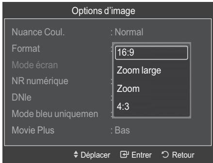 Options d'image Nuance Coul. : Normal Format 16:9 Mode écran Zoom large NR numérique Zoom DNle 4:3 Mode bleu uniquemen Movie Plus : Bas Déplacer Entrer Retour