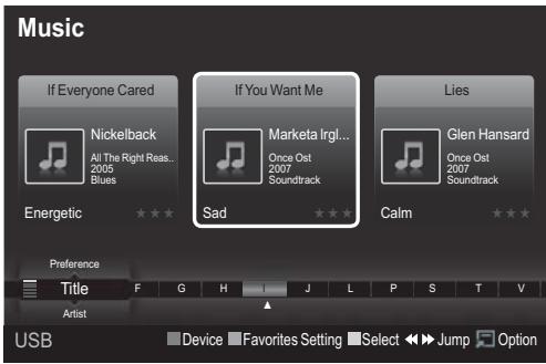Music If Everyone Cared Nickelback All The Right Reas... 2005 Blues Energetic If You Want Me Marketa Irg... Once Ost 2007 Soundtrack Sad Lies Glen Hansard Once Ost 2007 Soundtrack Calm Preference Title F G H J L P S T V Artist Device Favorites Setting Select Jump Option USB