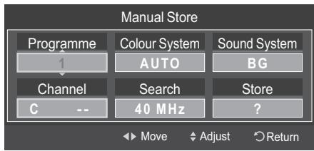 Manual Store Programme Colour System Sound System AUTO BG Channel Search Store C -- 40 MHz ? Move Adjust Return