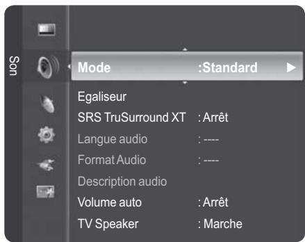 Mode :Standard Egaliseur SRS TruSurround XT : Arrêt Langue audio : ---- Format Audio : ---- Description audio Volume auto : Arrêt TV Speaker : Marche