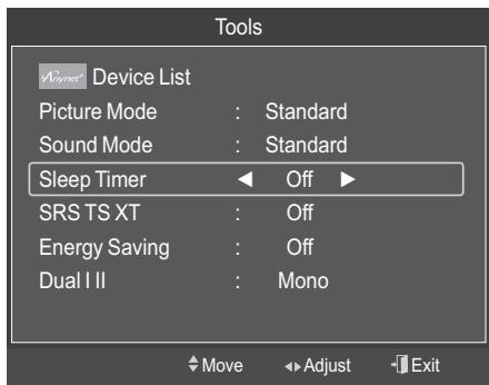 Tools Device List Picture Mode : Standard Sound Mode : Standard Sleep Timer ← Off ► SRS TS XT : Off Energy Saving : Off Dual I II : Mono Move Adjust Exit