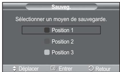 Sauveg. Sélectionner un moyen de sauvegarde. Position 1 Position 2 Position 3 Déplacer Entrer Retour